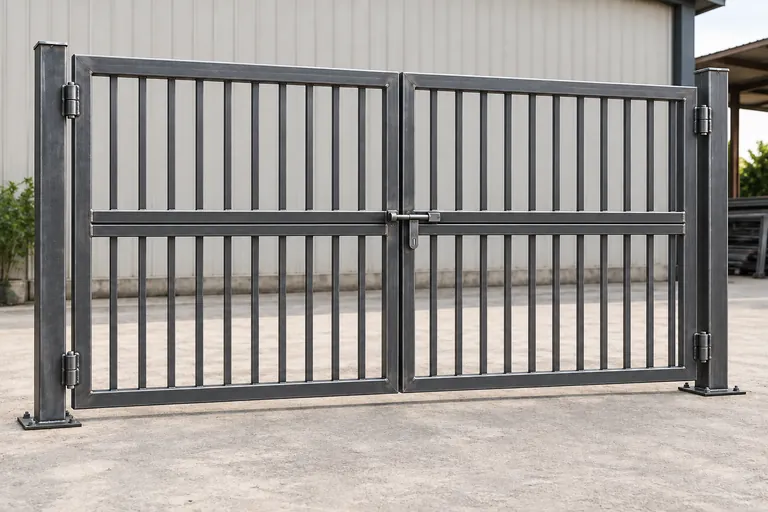 Double-swing steel gate with metal pickets, hinges and center latch