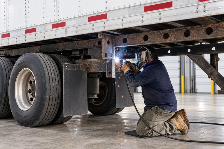 Welder repairing the steel chassis of a commercial semi-trailer
